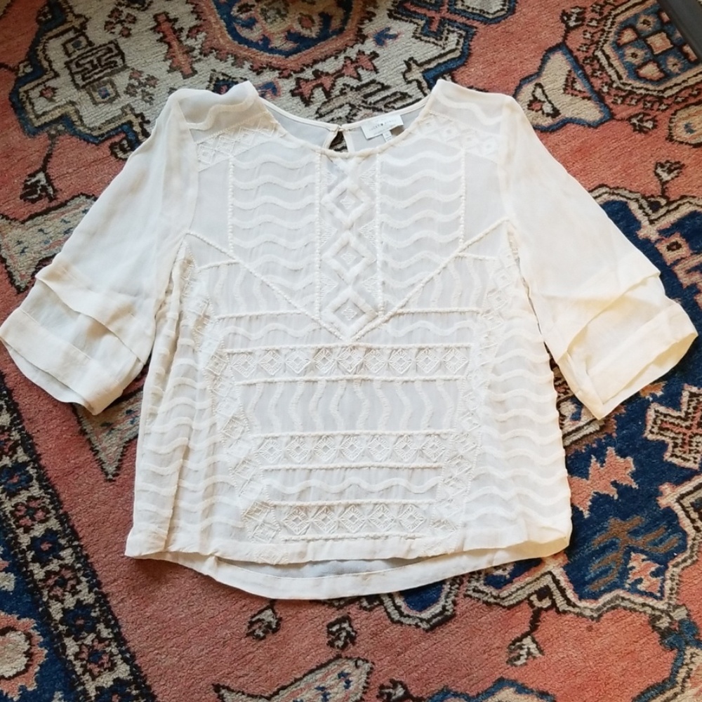 Lucky Brand Sheer Embroidered Lace Top Size S